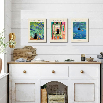 Art mural, ensemble de 3 - Van Gogh, chat noir, champ de fleurs, impressions sur toile, Matisse abstrait, chat noir, esthétique, pour chambre à coucher, salon, salle de bain, encadré