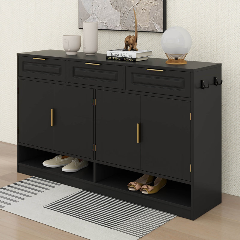 Buffet Farmhouse avec 3 tiroirs et 4 portes, buffet de rangement multifonctionnel avec tablette réglable et compartiments de rangement ouverts