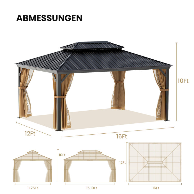 Pavillon de jardin en métal à toit double et toit rigide, L 144 po x L 192 po, Gris foncé