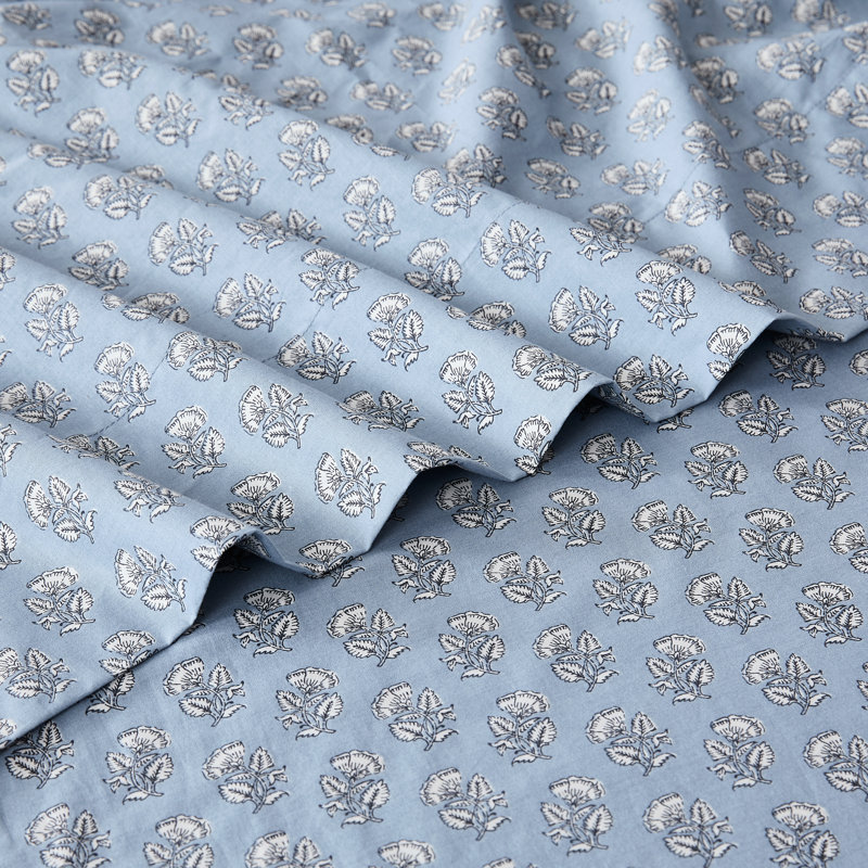 Freesia Cotton Sheet Set Blue, Queen Sheet Set with 2 Pilowcases