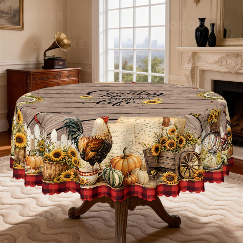 Nappe « La vie à la campagne est la meilleure », nappe rustique à carreaux de style ferme, décor citrouille et tournesol