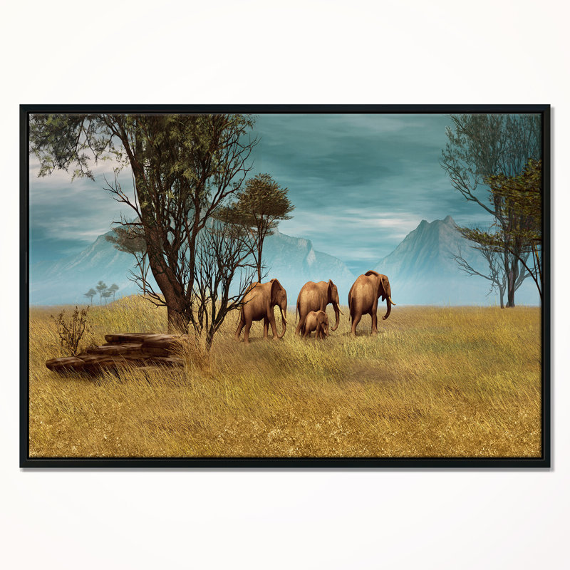 «African Elephants Panorama», photographie, H 12 po x l 20 po x P 1 po, Toile avec cadre flottant