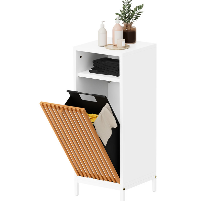 Minimalist Bathroom Side Cabinet With Front, Push - Pull Hamper, Freestanding, White And Natural, One Drawer, Two Shelves, Lacquered Finish, 13 Inches Wide, 33.5 High, Deep Modern Freestanding Front