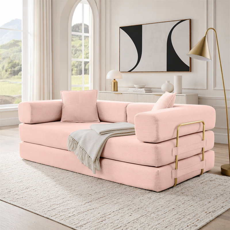 Canapé-lit modulaire en velours côtelé avec accoudoirs mobiles et sans assemblage, Pink Corduroy, Pink
