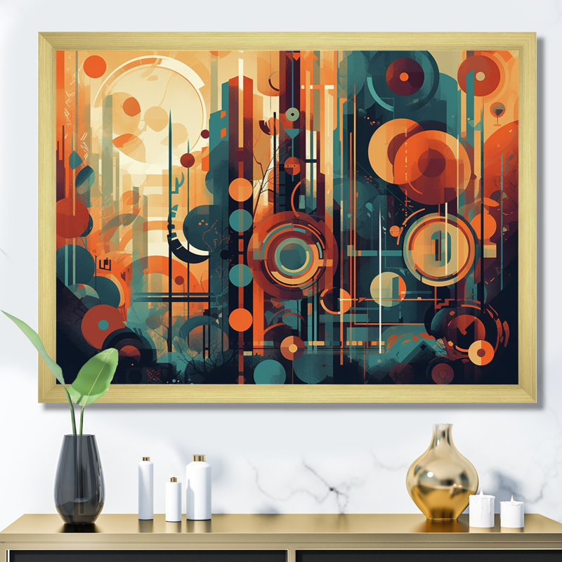 Braxtyn orange et bleu abstrait nostalgie II - art abstrait Mid-Century, H 12 po x l 20 po x P 1 po, Cadre doré simple