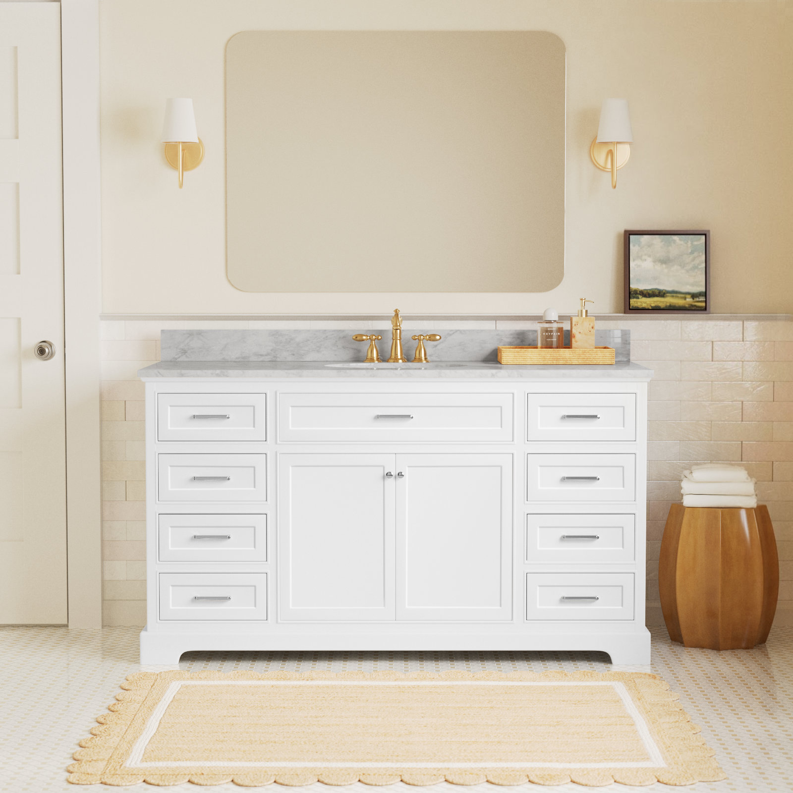 Ronnie 60'' Single Bathroom Vanity, White, Carrara Marble