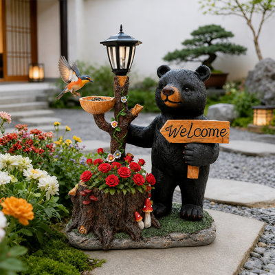 Jardinière décorative à ours noir avec lanterne à énergie solaire - Figurine en polyrésine et pot de fleurs