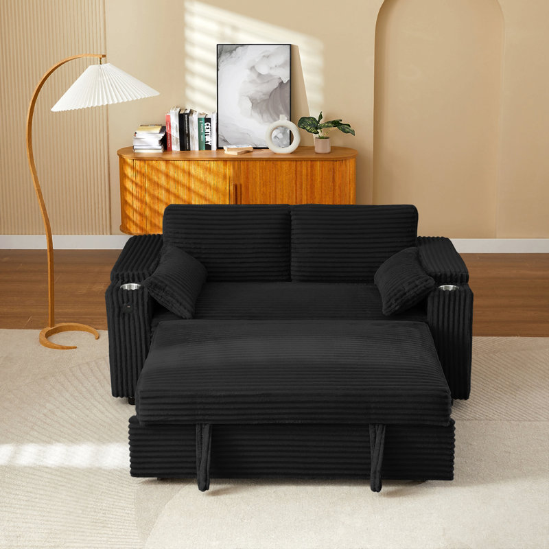 Canapé-lit noir avec causeuse avec accoudoirs de rangement, port USB