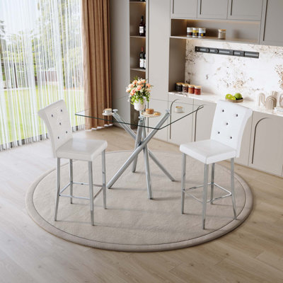 Ensemble de 3 tables de bar modernes en verre et tabourets de bar à hauteur fixe, table de pub contemporaine à hauteur de comptoir avec pieds chromés, chaises de bar en cuir de polyuréthane pour îlot de cuisine, bar personnel, petit espace
