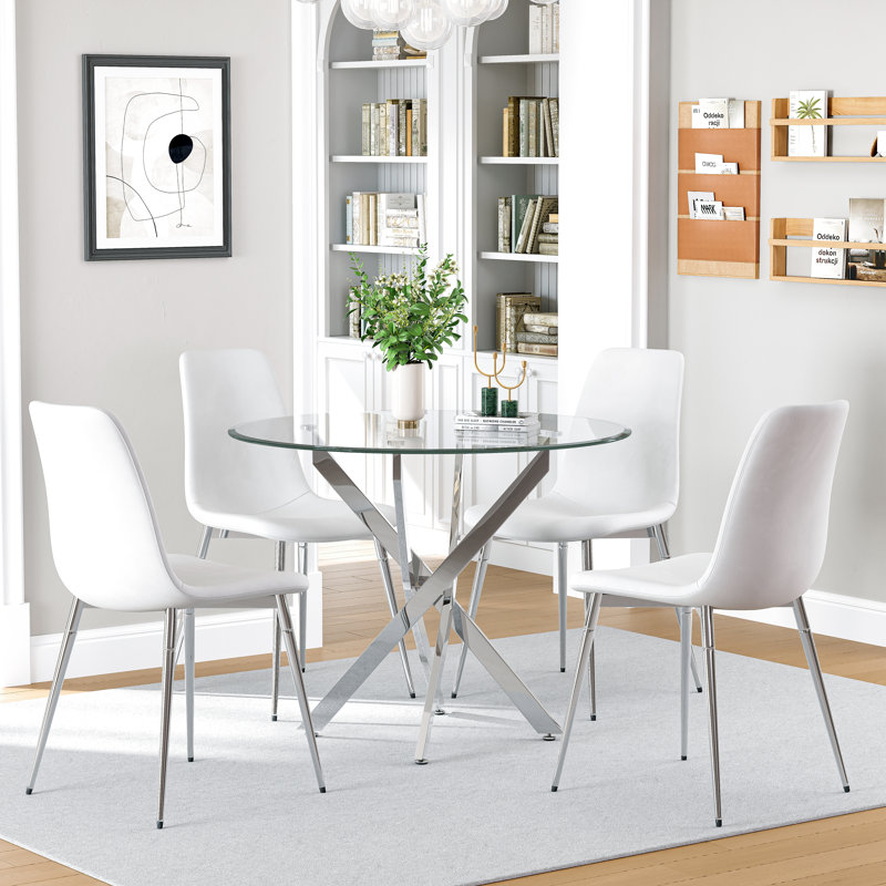 Round Glass Dining Table Set, 36" Clear Tempered Glass Tabletop With 4 Velvet Dining Chairs(Set Of 5), Silver/White/Silver