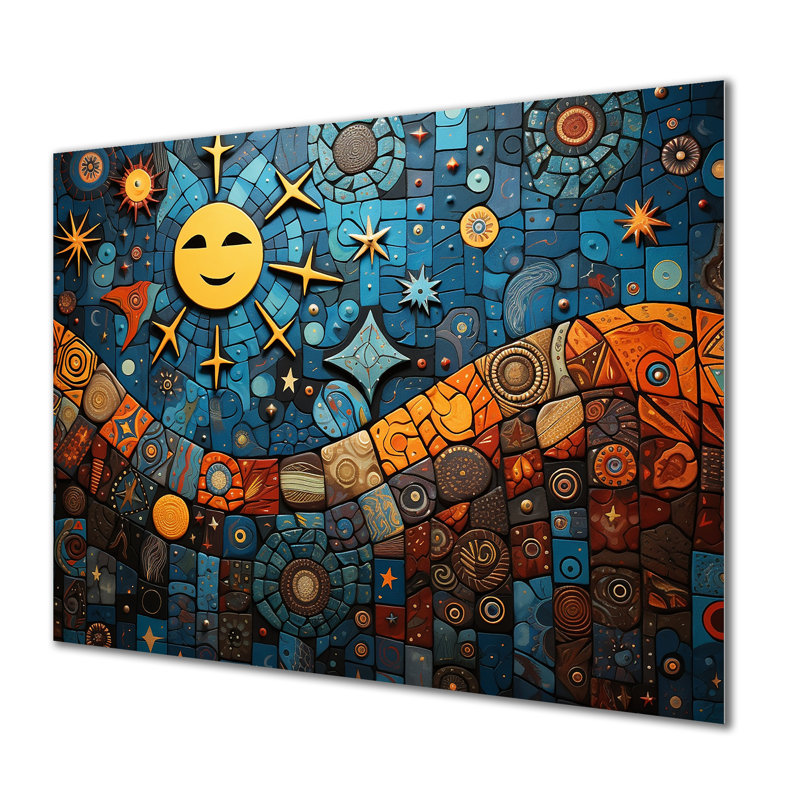 Mélange de mosaïques bleues et oranges - Décoration murale mosaïque bohème en métal MT136332, H 24 po x l 32 po x P 1 po