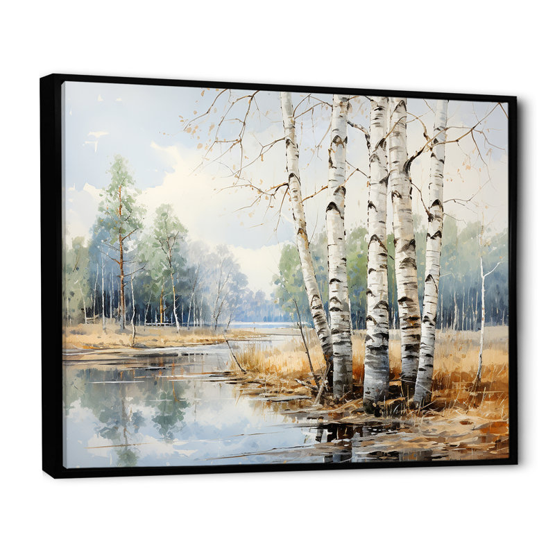 Impression sur toile de bouleau beige et gris, Cadre flottant noir, H 24 po x l 32 po x P 1 po