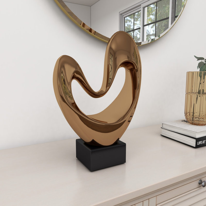 Polystone Heart Abstract Decorative Sculpture with Black Base, Copper