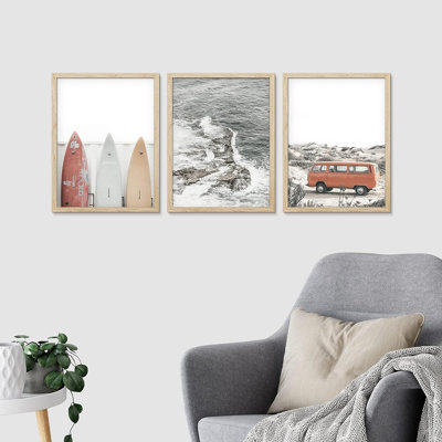 Coastal Beach " Surfboard Beach Wave 1960s Van Wilderness Nature Realism Calm " 3 - Pieces