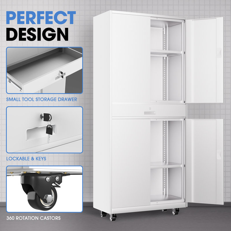 73" Lockable Heavy Duty Metal Storage Cabinet W/ Drawer&Adjustable Shelves, White