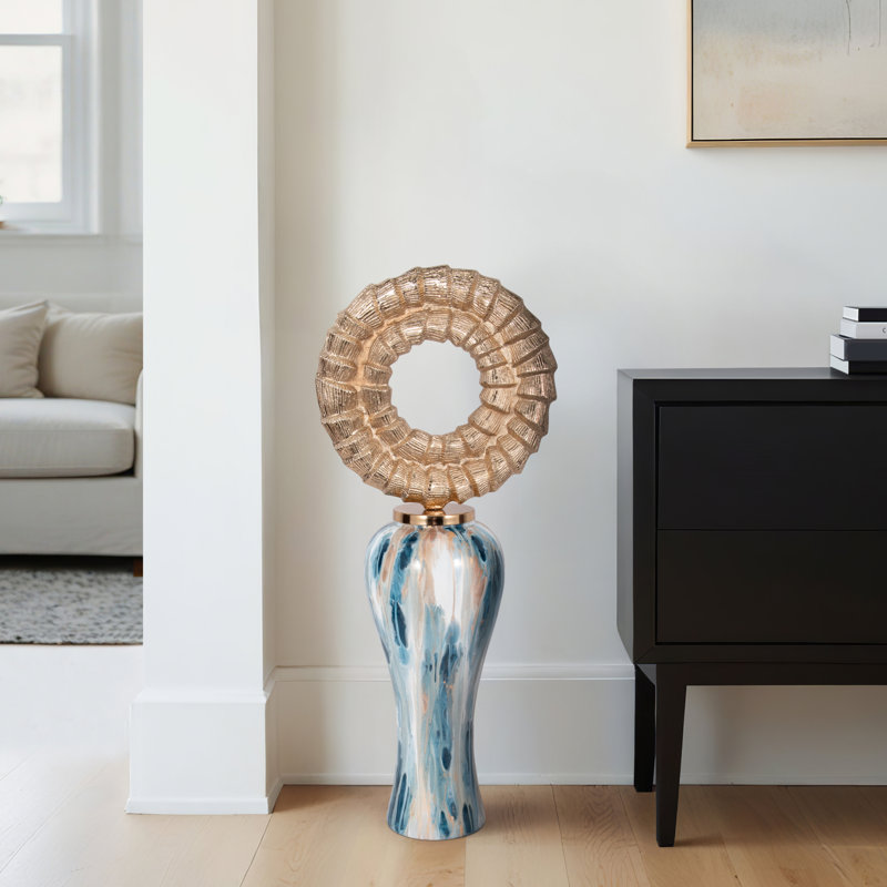 Glass Metal Decorative Jar with Sculpted Aluminum Circular Lid Modern Coastal Style Home Accent, 36" H x 15" W x 10" D