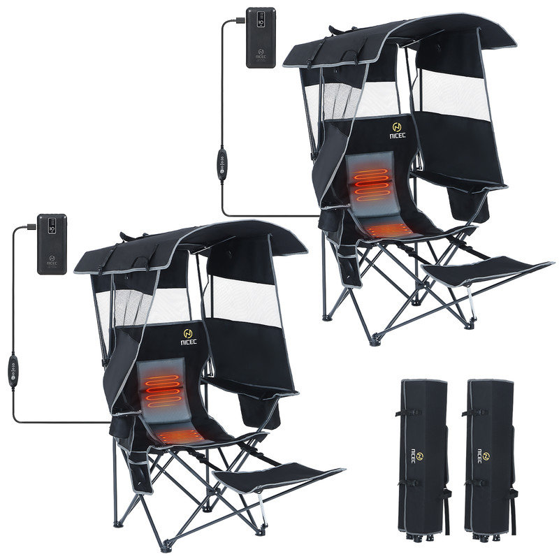 Chaise de camping portative chauffée avec auvent, abat-jour, repose-pieds amovible et conception pliable pour le camping et le pique-nique (paquet de 2)