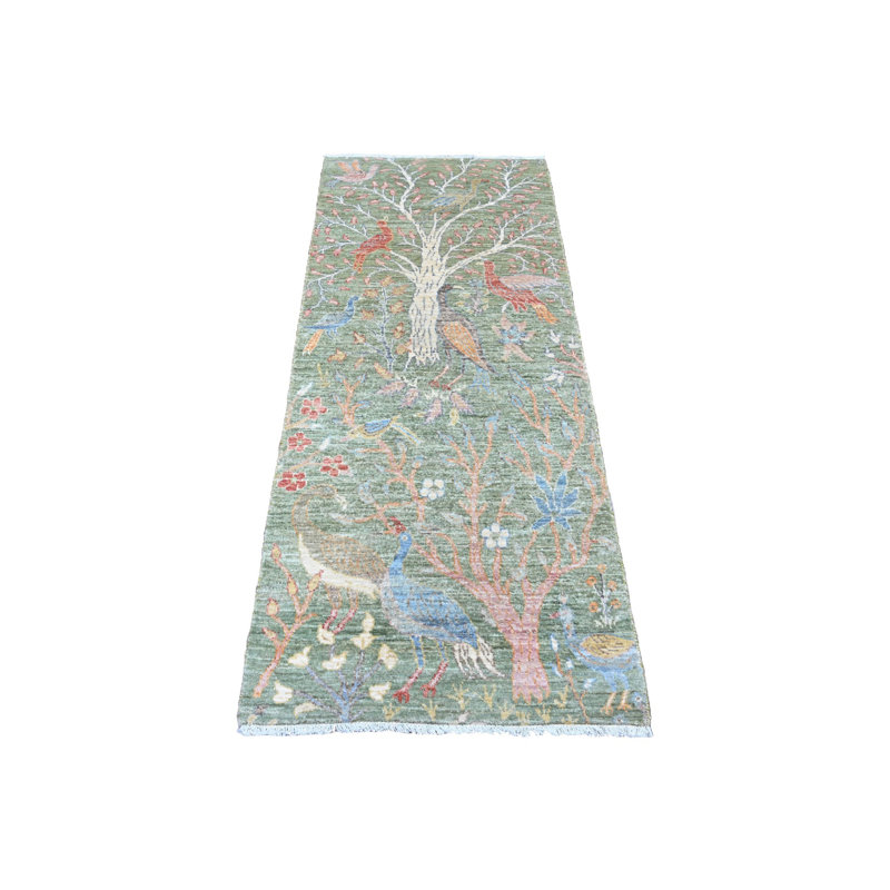 Tapis vert en laine nouée à la main 2 pi 7 po x 6 pi Peshawar Birds Design 269567E51B6945608D82834B75B5BE04