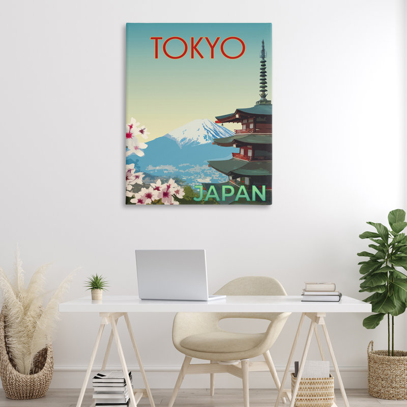 Toile rétro de paysage de Tokyo, design par Victoria Barnes, H 48 po x l 36 po
