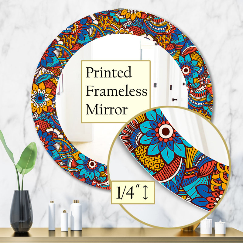 Hand Drawn Pattern With Floral Elements - Bohemian and Eclectic Mirror, 31.5" H x 31.5" W