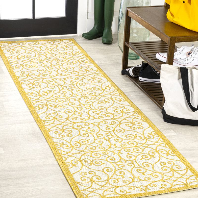 Deilani Vintage Filigree Textured Weave Cream/Yellow Indoor/Outdoor Rug, Runner 2'2" x 8'