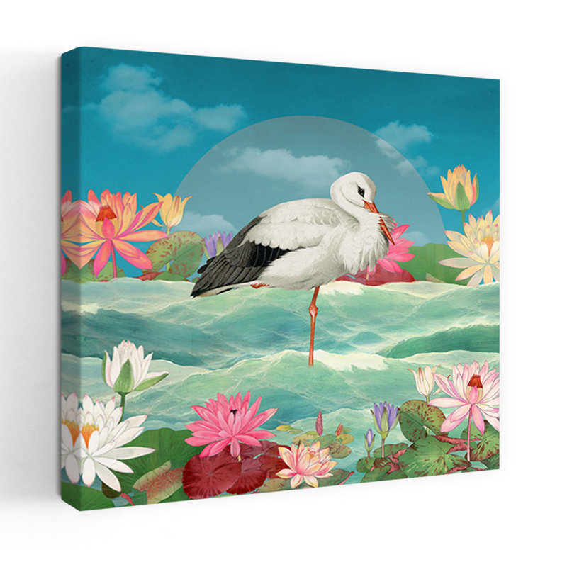 White Stork Water Lilies Colorful Peaceful Serene Bird Lily Lotus Flower Nature Wall Art Print 1 Piece Wrapped Canvas Wall Art
