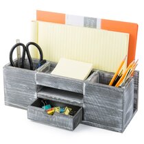 Gray Wood Sticky Note and Stationery Holder Stand, Office Desktop