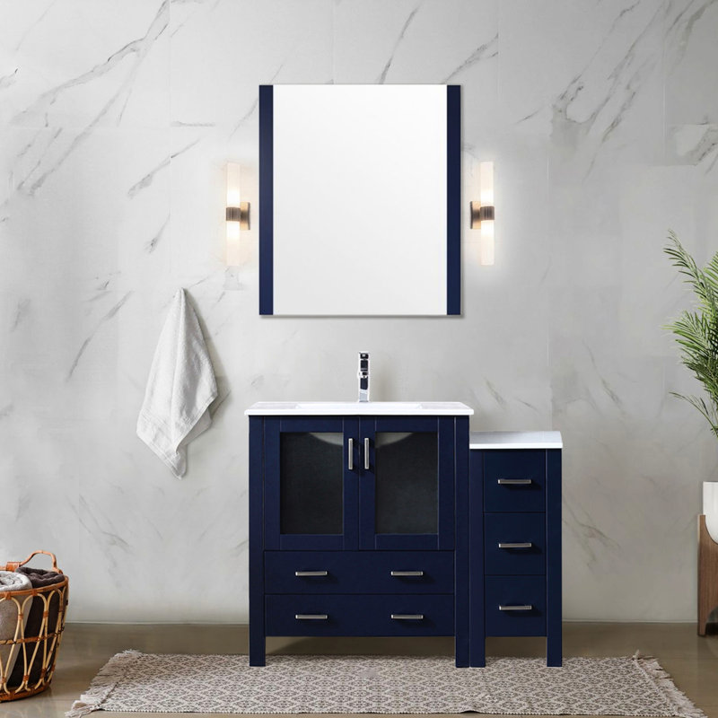 42 po Meuble-lavabo W bleu marine pour salle de bain avec armoire de rangement latérale, robinet, comptoir en céramique blanche et miroir mural décoratif pleine longueur 28 po, qualité Scratch
