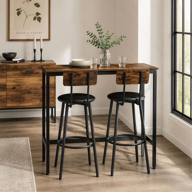 Ensemble de table de bar 3 pièces avec 2 tabourets de bar rembourrés en PU avec dossier, 110 cm L x 40 cm l x 90 cm H