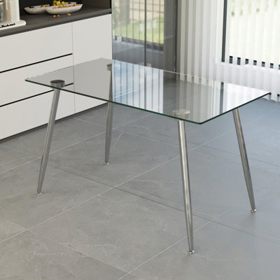 Table de salle à manger en verre, table rectangulaire moderne avec plateau en verre trempé et pieds en métal argenté, table de cuisine simpliste, table polyvalente pour le bureau à domicile