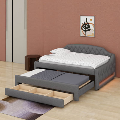 Upholstered Daybed With LED Belt, Corner Daybed Frame With Trundle And Three Drawers