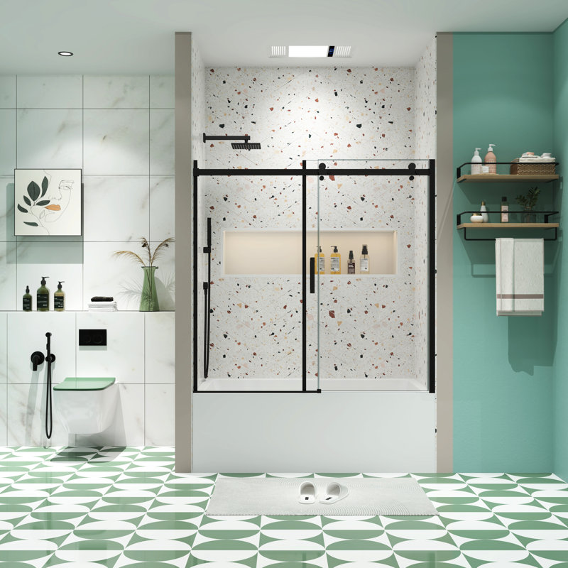 Porte coulissante en verre trempé 5/16 po, finition noir mat, verre de douche système, noir mat, surface facile à nettoyer