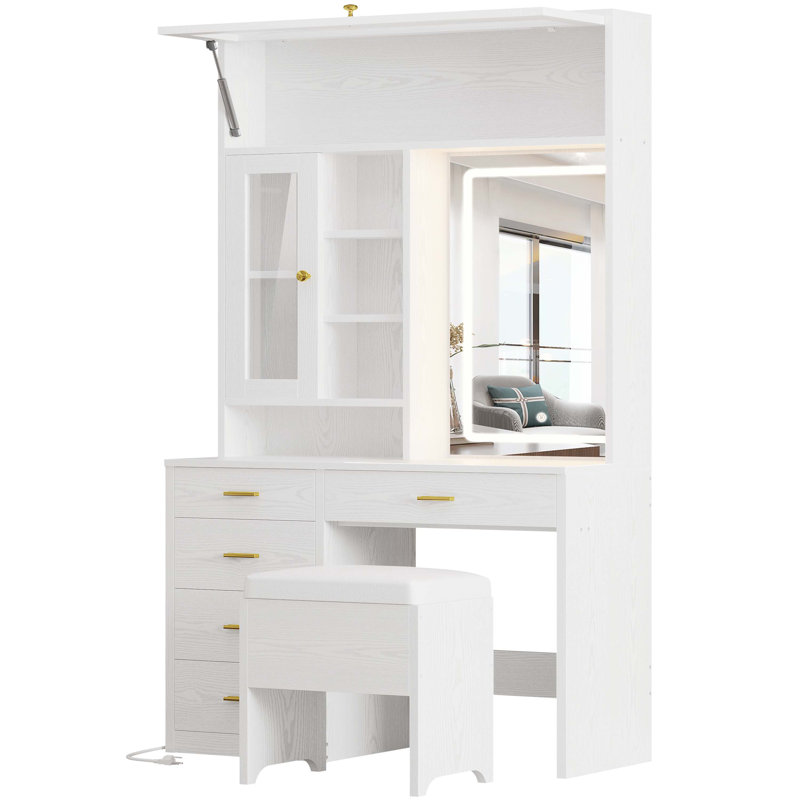 Modern Style 74.4"h Vanity Desk With Led Lighted Mirror And Power Outlet,makeup Vanity Table With Drawers And Open Cubies And Cabinets, White