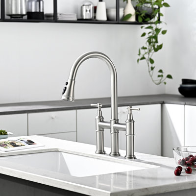 Robinet de lavabo de cuisine en nickel brossé, rétractable, 3 trous, 2 poignées, robinet à trou fonctionnel avec nickel rétractable, matériaux