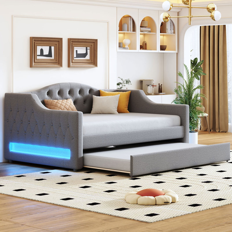 Upholstered Daybed with LED Belt and Trundle, Full XL, Gray