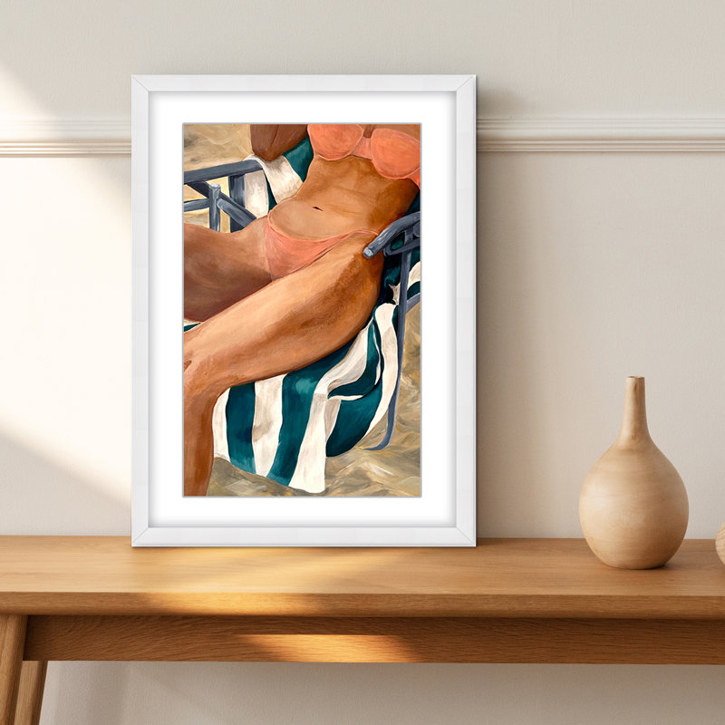 Coastal Retreat Riviera Retreat: Woman Lounging On Beach Towel And Chair, 48" H x 32" W