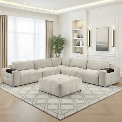 Rousey 143" Modern & Contemporary 6-Piece Modular Sectional with Ottoman, Textured Fabric Upholstery, Tufting Details & Wooden Armrest Trays