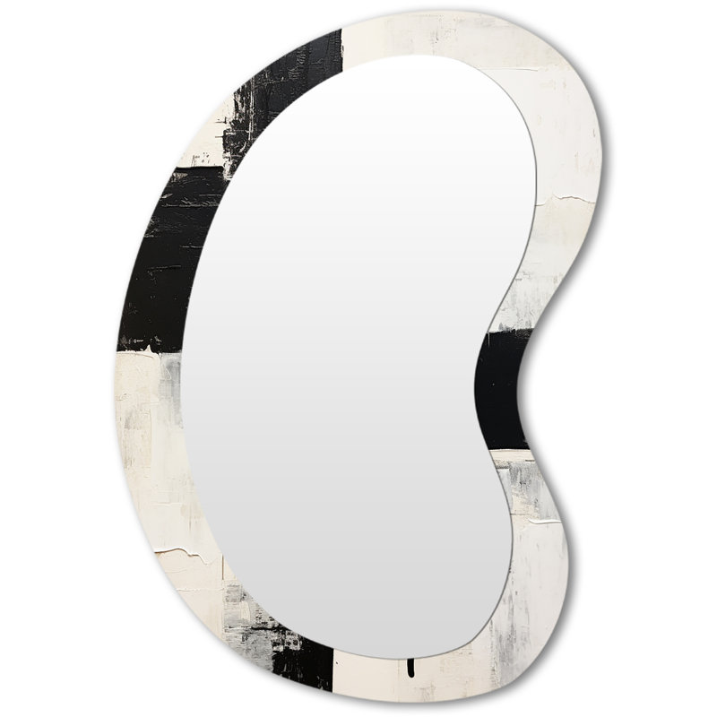 Fritzgerald The Other Side Minimal Black & White Abstract I - Abstract Painting Irregular Shape Decorative Mirror, Black Asymmetrical Wall Mirror, Printed Metal Art