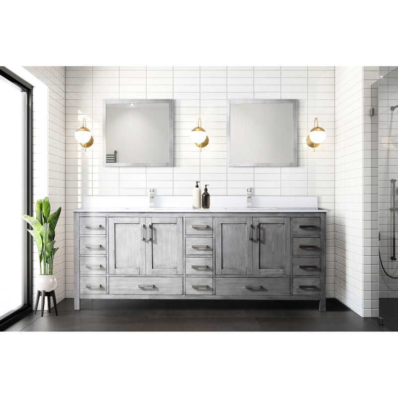 Meuble-lavabo double en gris patiné, l 84 po x P 22 po, surface en quartz blanc et miroirs - fermeture douce et rangement abondant gris Meuble-lavabo 22 po, comptoir, salle de bain spacieuse