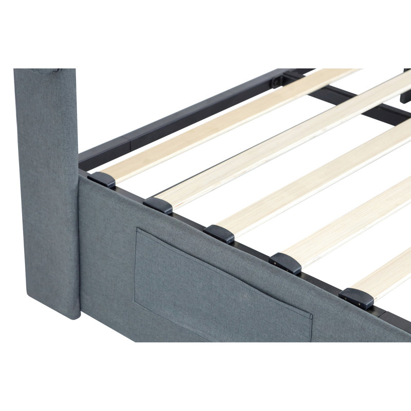 Structure de lit grand gris foncé avec rangement relevable - Optimisation de l'espace, design moderne à oreilles, finition