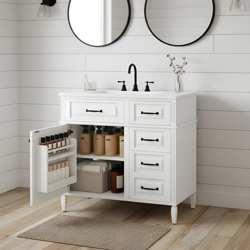 Meuble-lavabo autoportant 36 po avec lavabo en céramique 36 po, Blanc, Noir