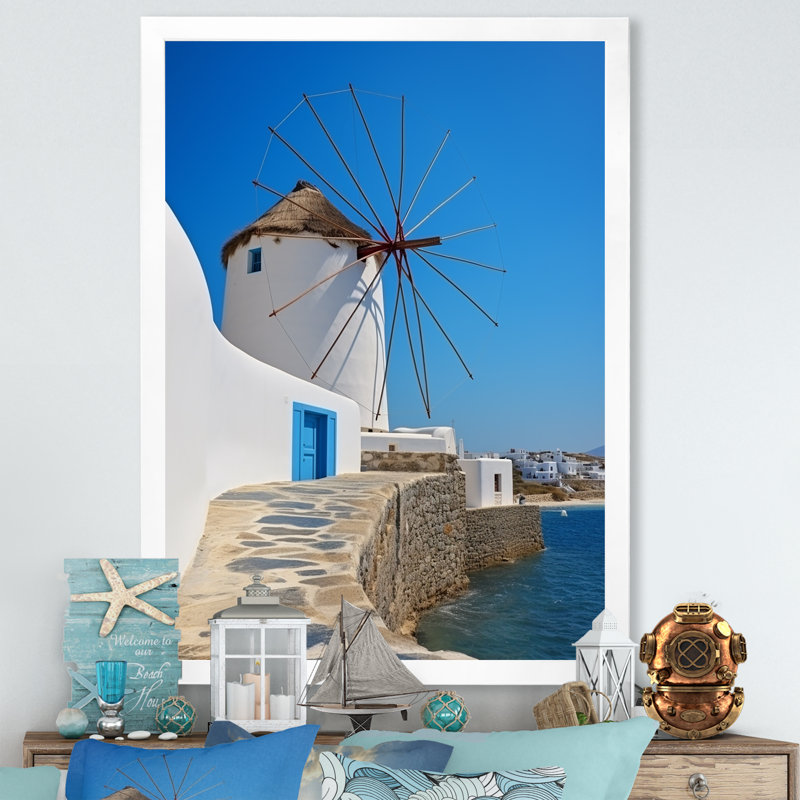 «Grèce Santorini Windmill Photo 4», H 32 po x l 16 po x P 1 po, Cadre flottant brun