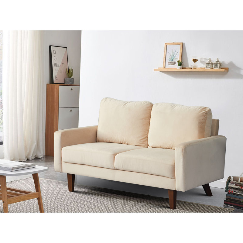 Causeuse à accoudoirs carrés, Velours beige, H 35 po x l 60 po x P 33 po