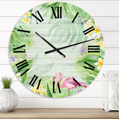 Tropical Foliage, Yellow Flowers With Flamingo I - Modern wall clock