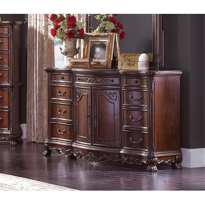 Commode 9 tiroirs Traditional en bois avec tablette réglable et armoire inférieure, finition cerisier élégante pour les chambres formelles