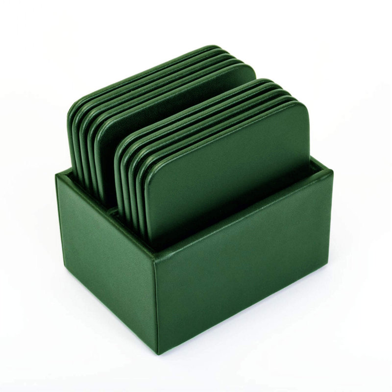 Square 10 Piece Coaster Set With Holder, Dark Green
