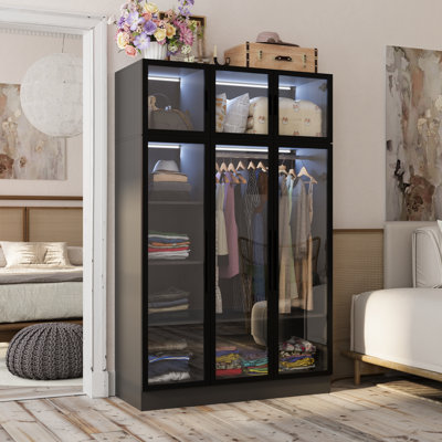 Modern Wardrobe With LED Light And Tempered Glass Door by Latitude Run