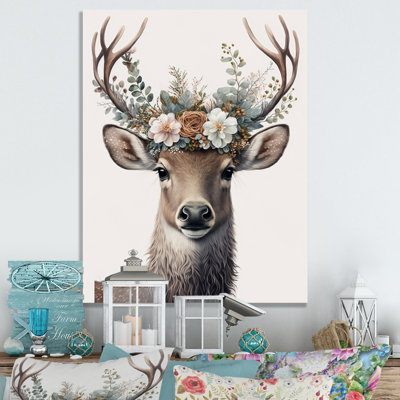 Mignon bébé caribou avec couronne florale IV - décoration murale moderne en métal