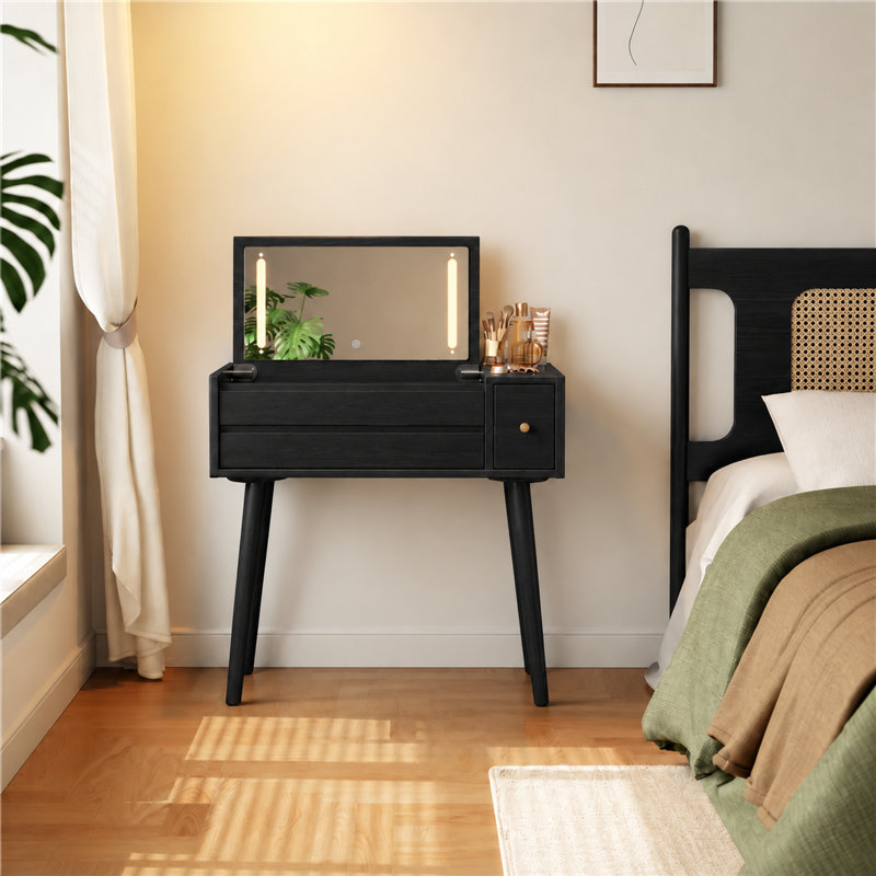 Coiffeuse en bois massif avec miroir inversé et modes d'éclairage, L 31,4 po, Noir
