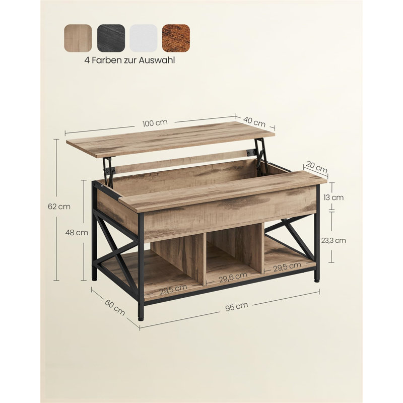 Winigan Lift Top Coffee Table with Storage, 62cm H x 100cm L x 60cm W, Camel brown